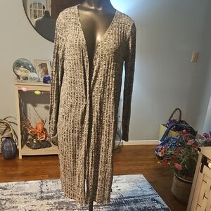 New Directing, Long Open-Front Ribbed Cardigan in Heathered Gray, Size Medium